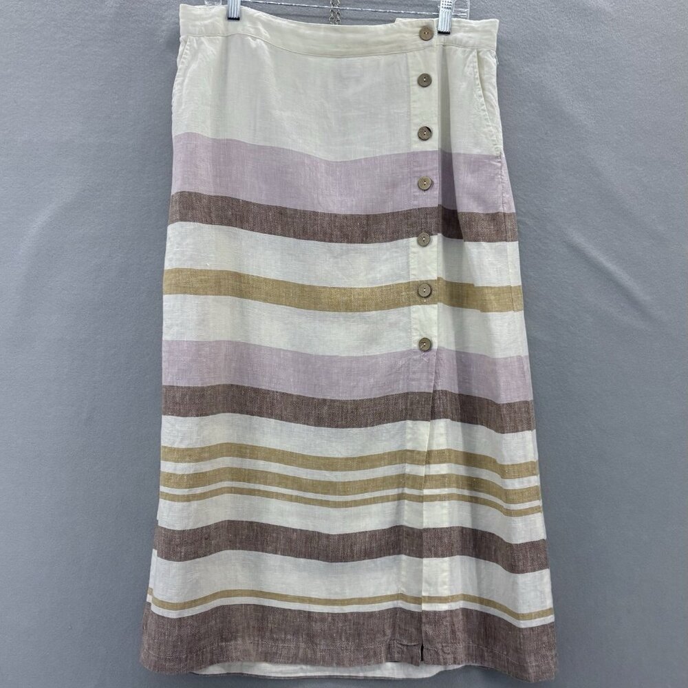 Rachel Zoe Size XL 100% Linen Pastel‎ Striped Button Front Midi Wrap Skirt